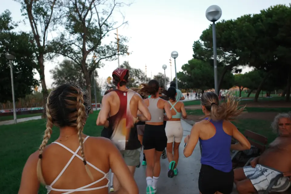 Runners seen from behind on a tree-lined street